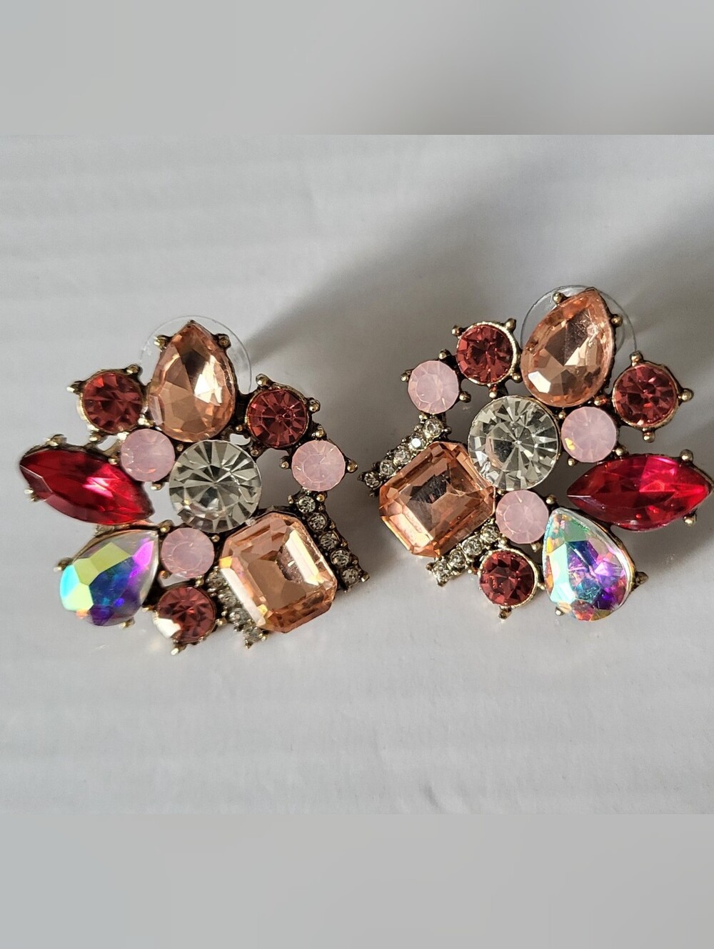 Crystal Cluster Stud Earrings - Pink Peach Multi-Color